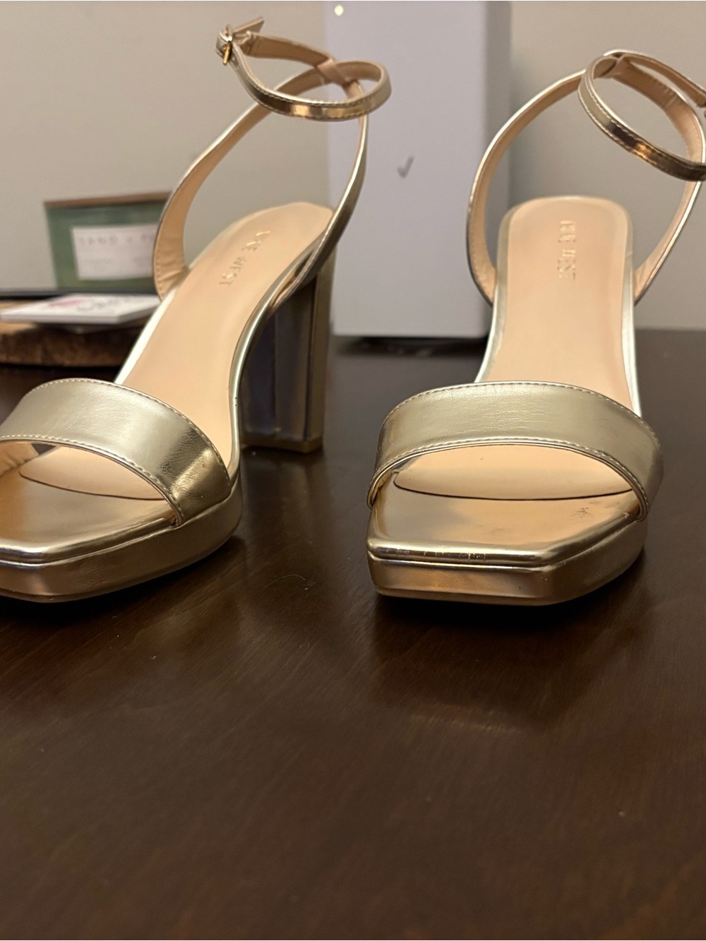 Nine West Metallic Gold Ankle-Strap Block Heels, 9.5